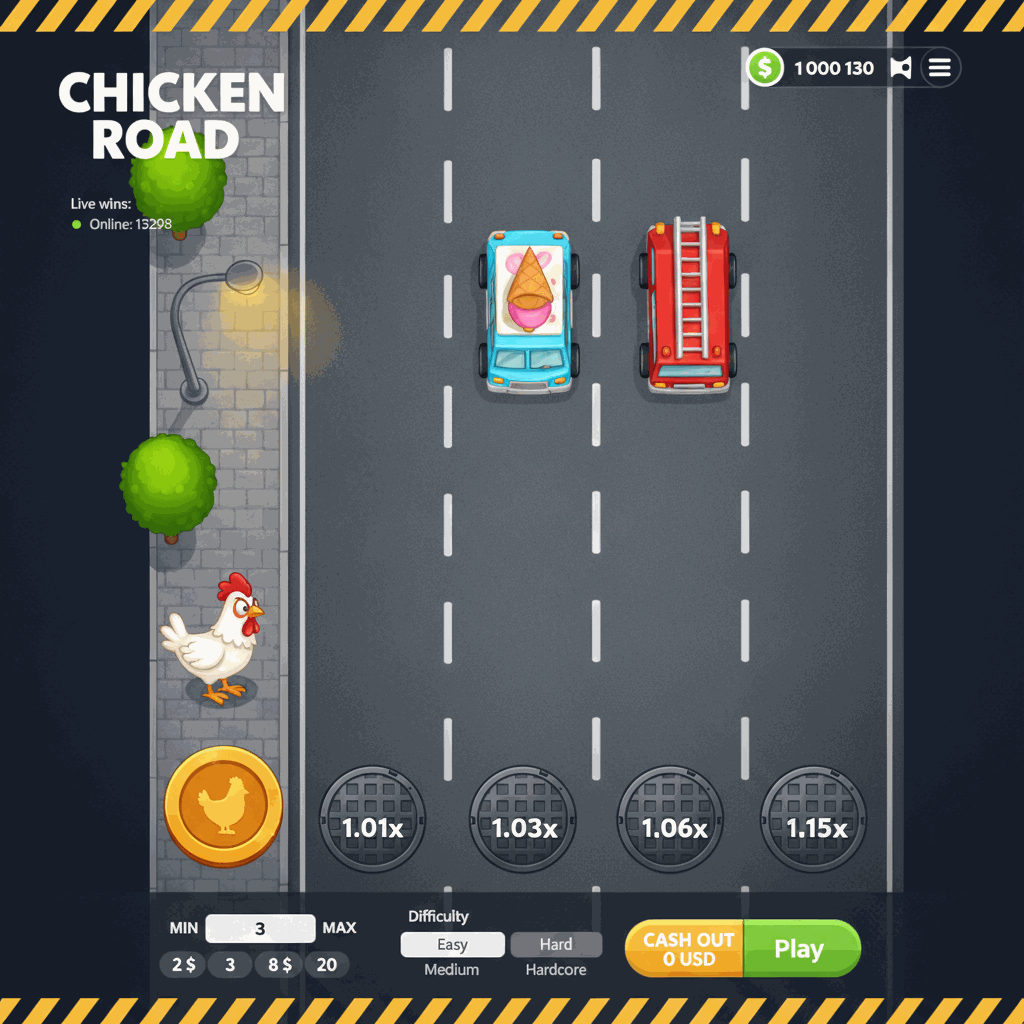 Schermata di gioco Chicken Road di InOut che mostra un pollo cartoon bianco che si prepara ad attraversare una strada a più corsie vista dall'alto con segnaletica stradale bianca tratteggiata, marcatori di tombini circolari con moltiplicatori, controlli di puntata nella parte inferiore e indicatore di vincite live nell'angolo superiore sinistro